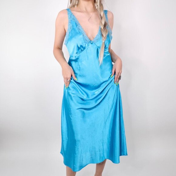 JONES NEW YORK BRIGHT BLUE MAXI SLIP LINGERIE CHEMISE DRESS - Picture 2 of 5